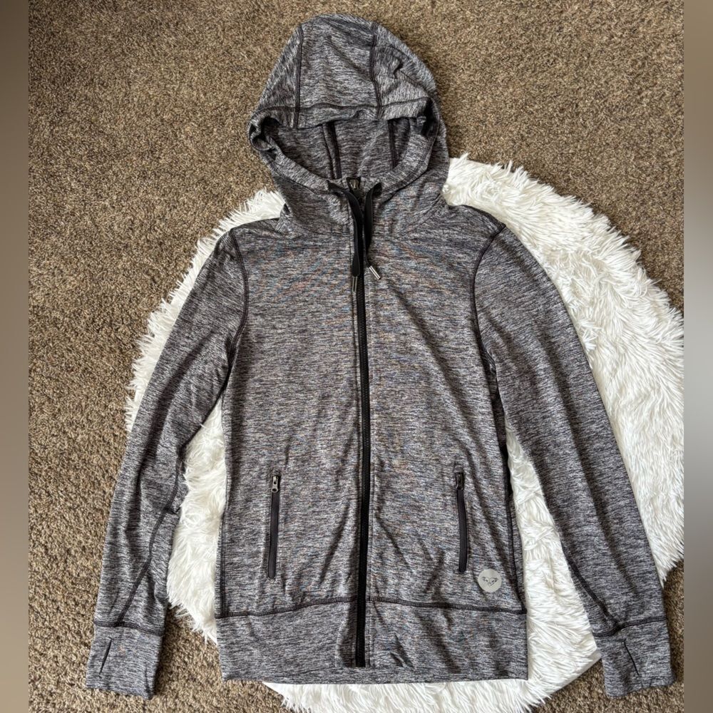 Roxy Jacket Hooded Lightweight Thin Stretchy Gray Black‎ Full Zip Womens Small